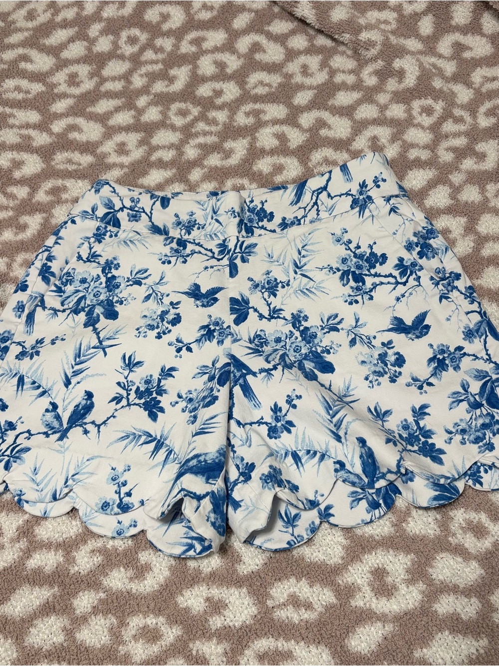 crown & ivy White Shorts with Blue Botanical & Bird Print